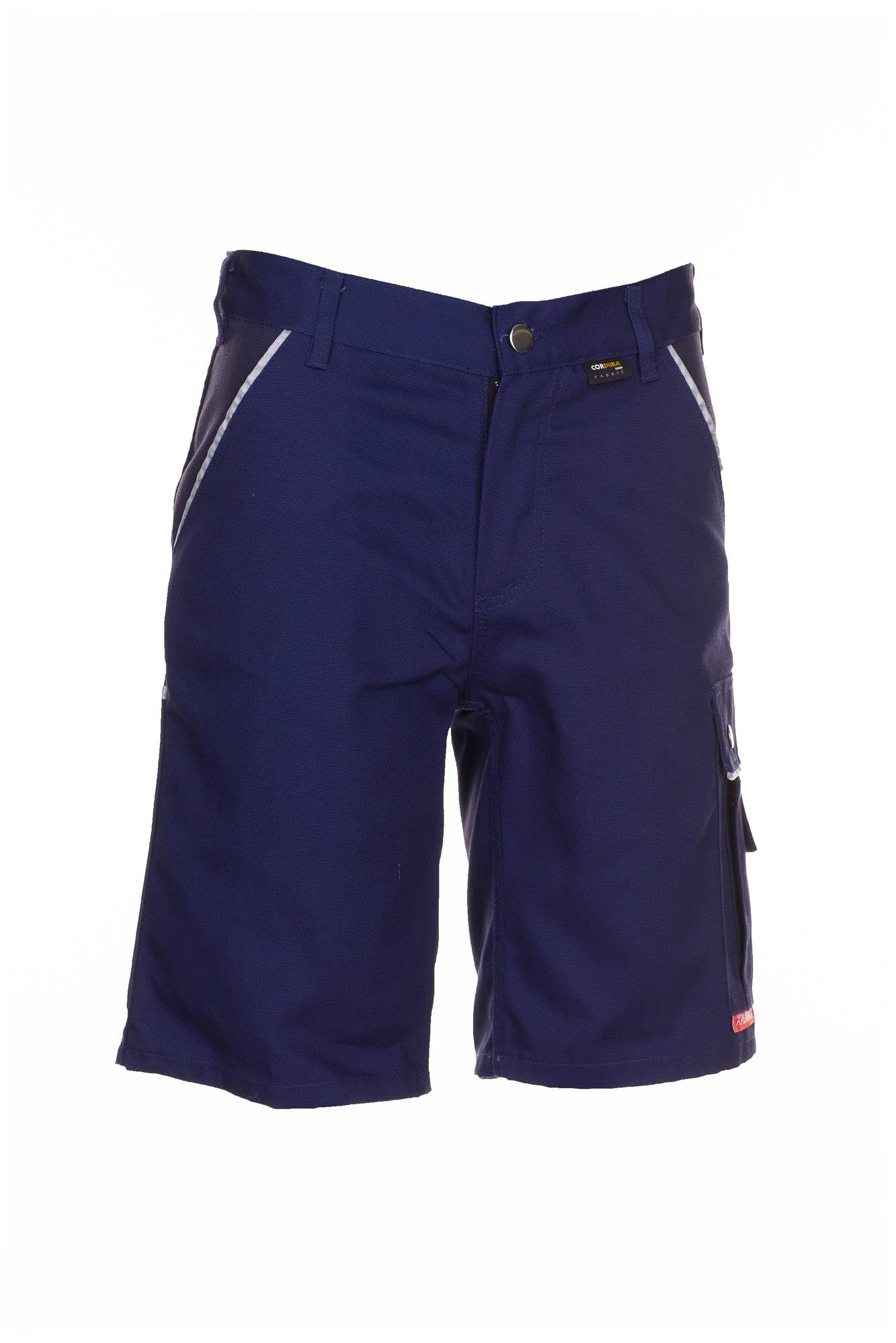 Dunkelblau Cargo-Shorts in Knielänge mit Reißverschlusstaschen, Vorderansicht auf weißem Hintergrund.