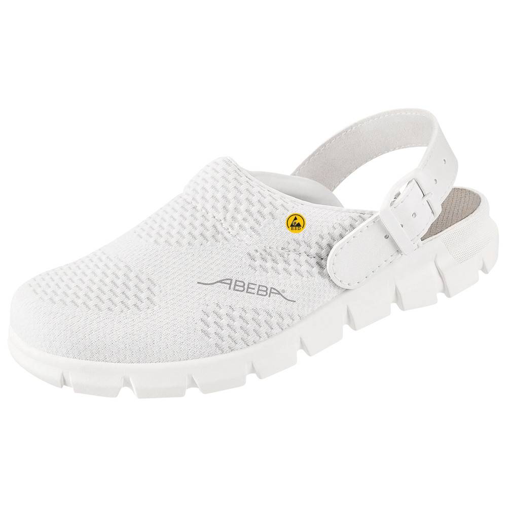 Weißer Slip-On-Schuh mit strukturierter Oberfläche, verstellbarem Fersenriemen und dicker Sohle. Logo 'ABEBA' seitlich aufgedruckt.