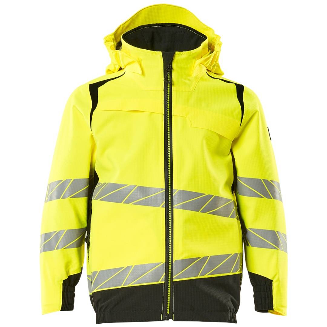 Hochsichtbare gelbe wasserdichte Jacke mit Kapuze, schwarzen Akzenten und reflektierenden grauen Bändern für Sicherheitsarbeitskleidung.