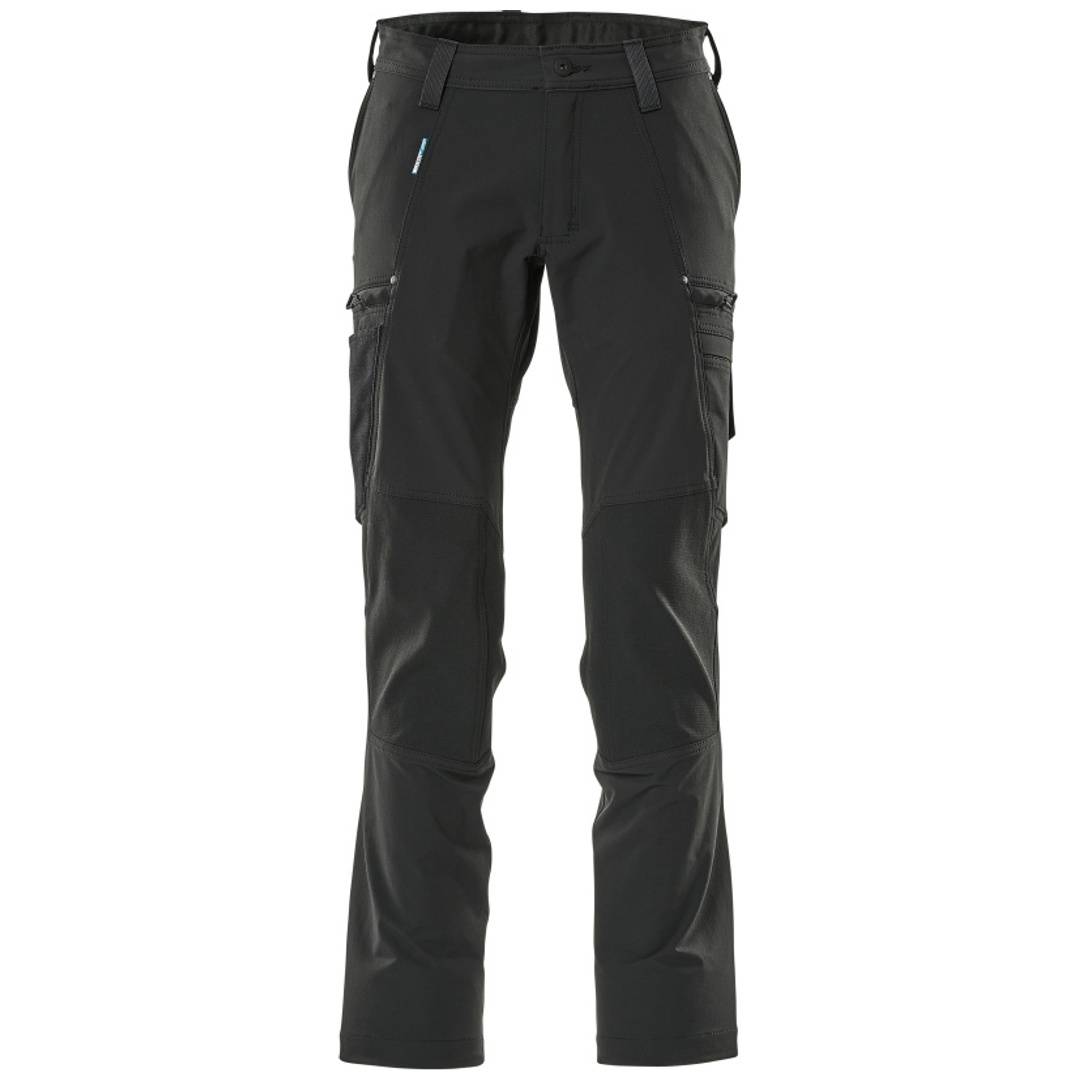 Schwarze Cargohose im Outdoor-Stil mit mehreren Reißverschlusstaschen und schmal geschnittenem, geradem Beinschnitt auf weißem Hintergrund