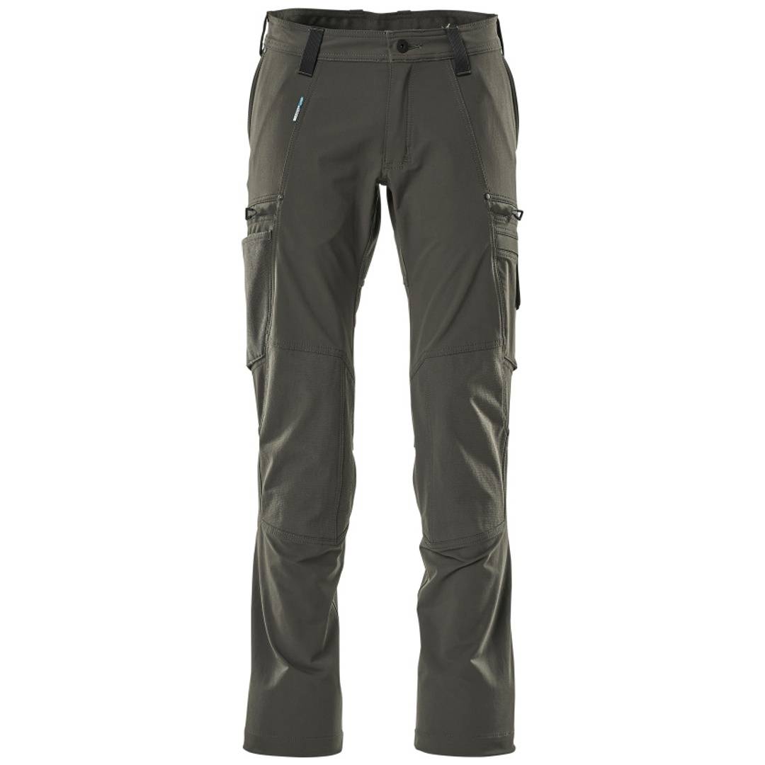 Dunkelgraue Cargo-Hose mit mehreren Seitentaschen, Vorderansicht auf weißem Hintergrund.