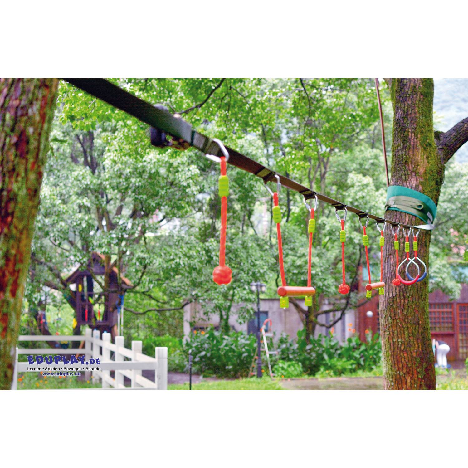 EDUPLAY 170391 Ninja Line, 2 Affenschaukeln, 2 Turnringe & 3 Seilknoten, mehrfarbig (12 m)