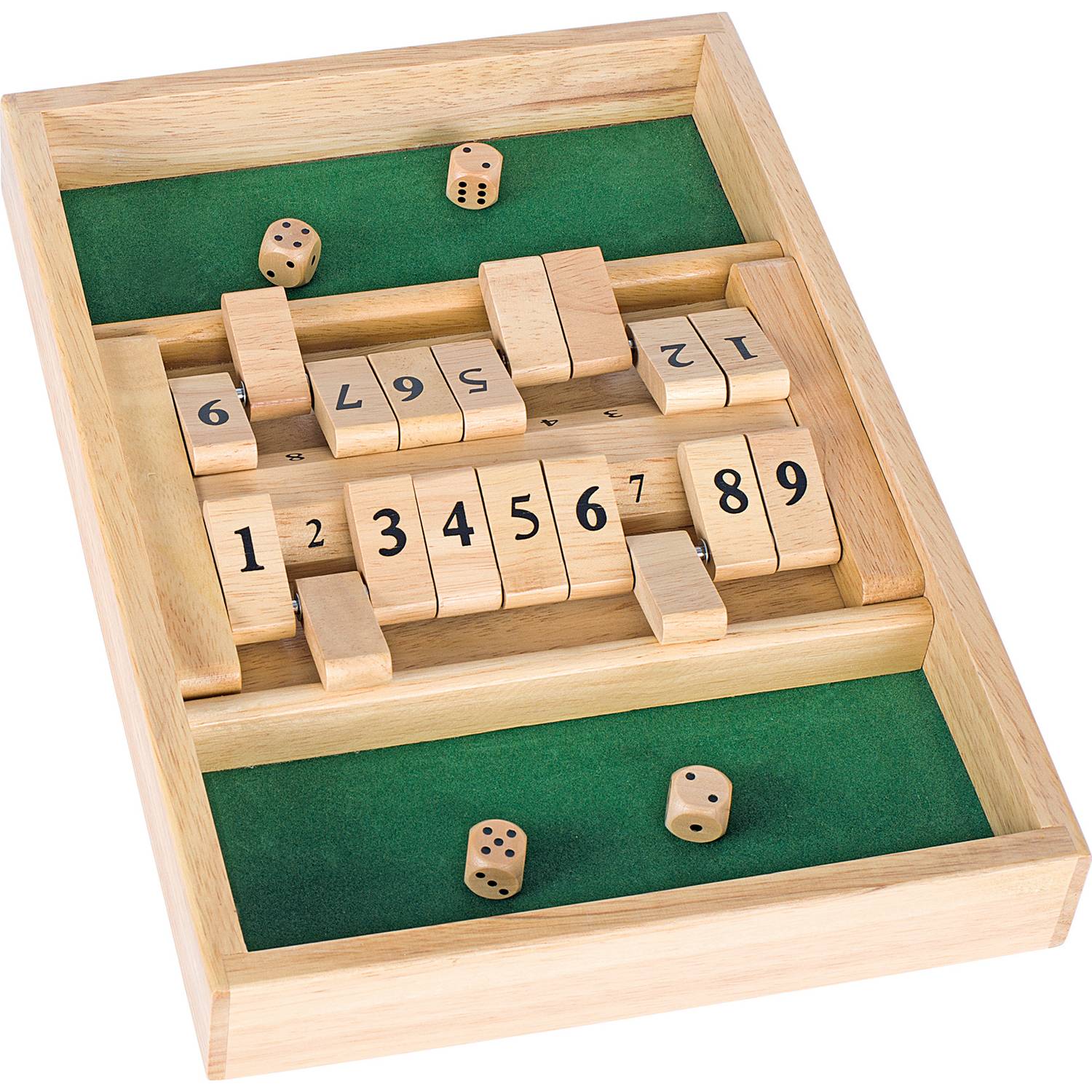 goki 56897 Shut the box Doppel Würfelspiel, 34 x 23,5 x 4 cm, Holz, 4 Würfel, natur