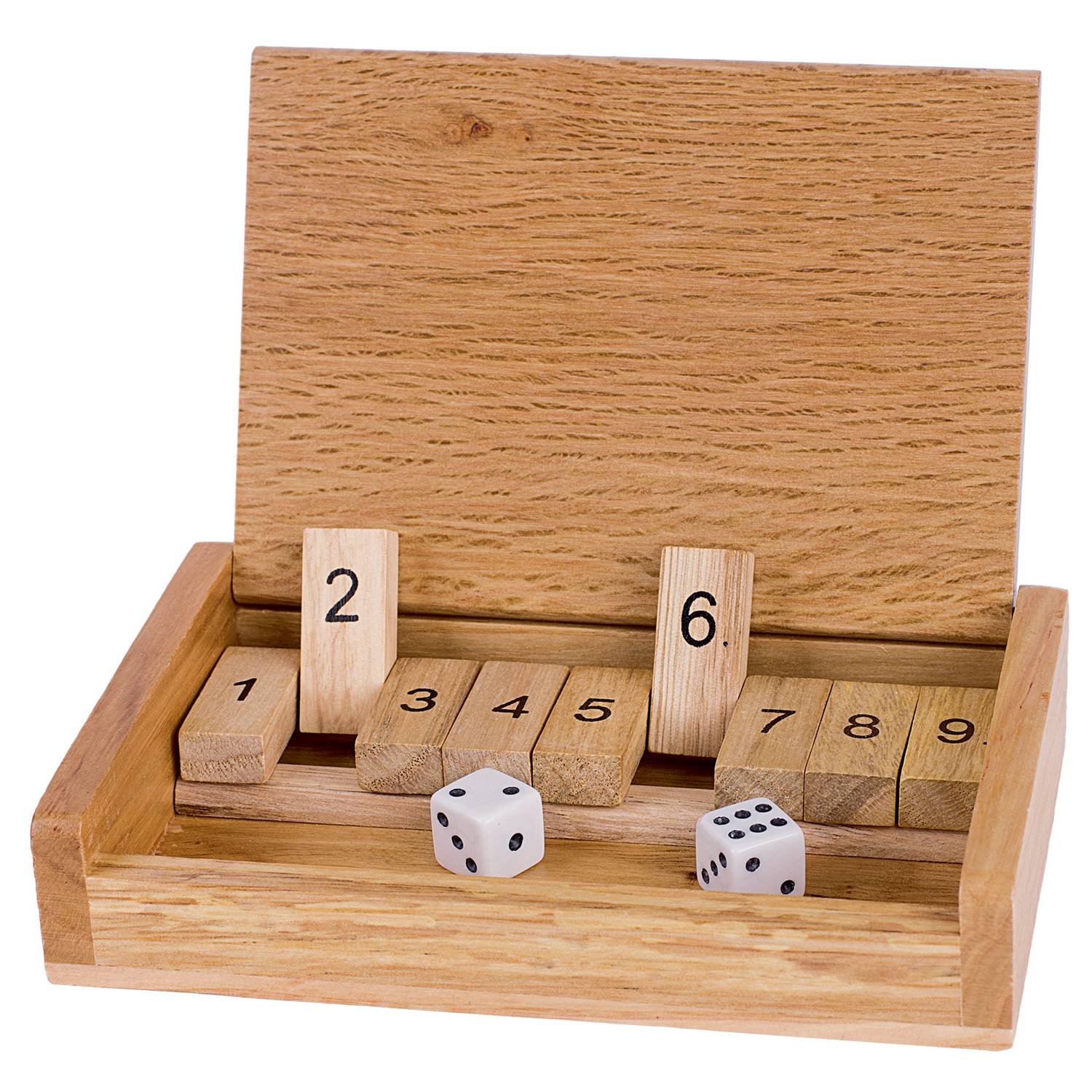 goki HS185 Shut the box Würfelspiel, 13,5 x 9 x 2,5 cm, Holz, 2 Würfel, natur
