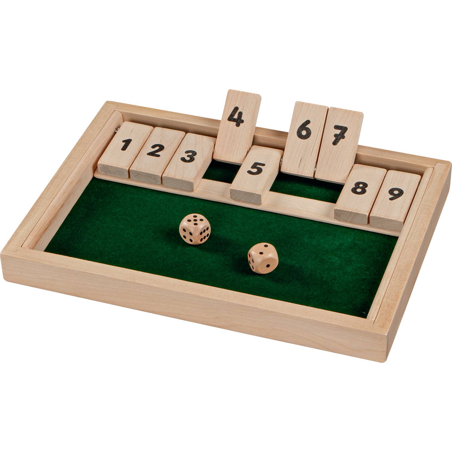 goki WG175 Shut the box Würfelspiel, 25,5 x 17,5 x 2,3 cm , Holz, 2 Würfel, natur