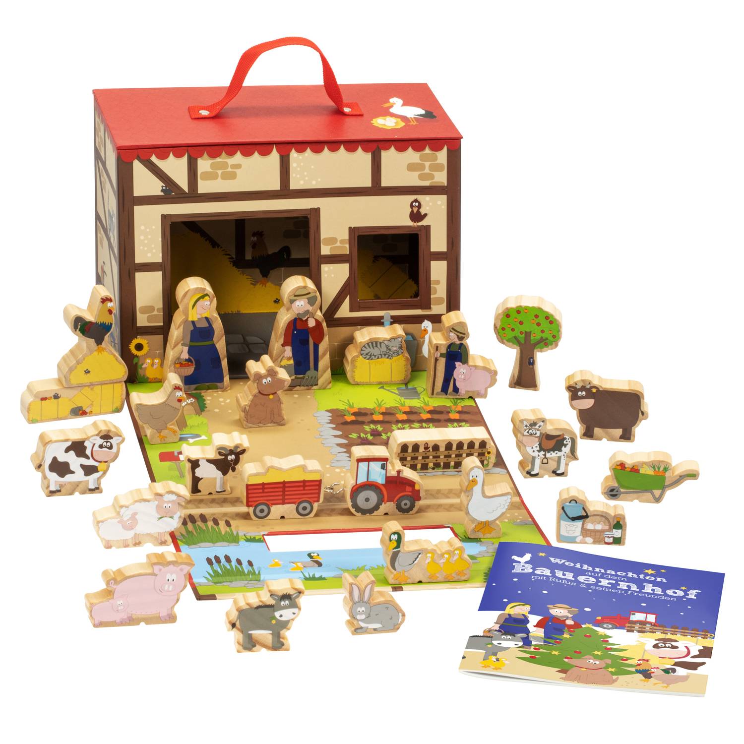 yoamo Bauernhof Spielkoffer für Kinder mit 24 Holzfiguren, hochwertigem Spielkoffer und weihnachtlicher Tier-Geschichte, 26-teilig (1 Set)