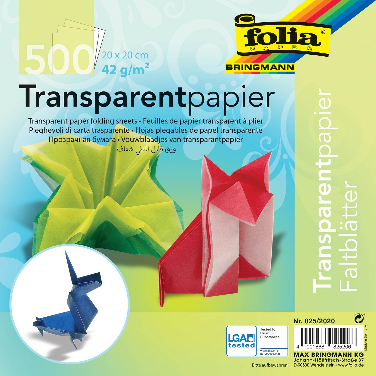 folia 825/2020 Faltblätter Transparentpapier 42g/m², 20x20cm, 10 Farben, mehrfarbig (500 Blatt)