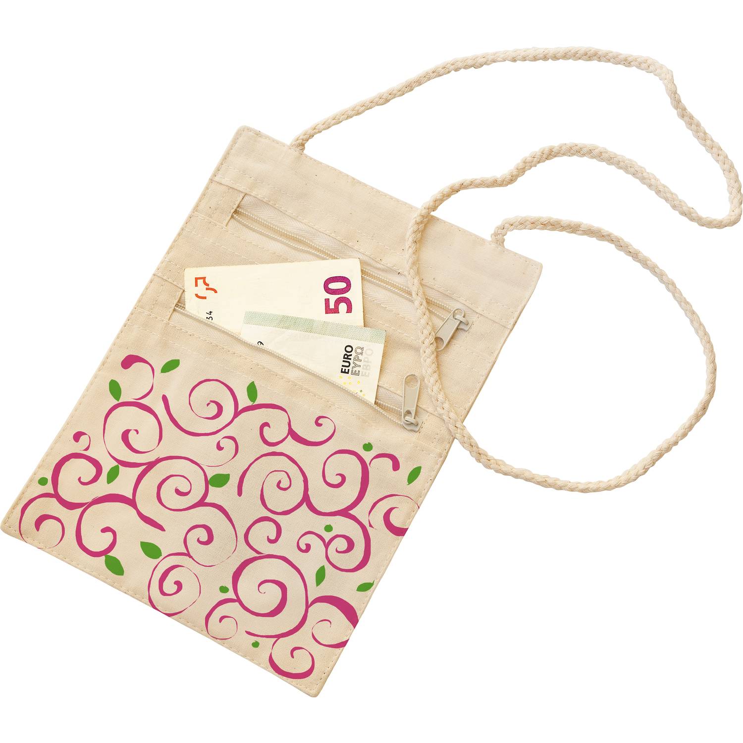 EDUPLAY 230047 Umhängegeldbeutel Brusttasche mit zwei Fächern, Baumwolle, 14 x 17 x 0,3 cm, ohne Motiv ideal zum bemalen, natur