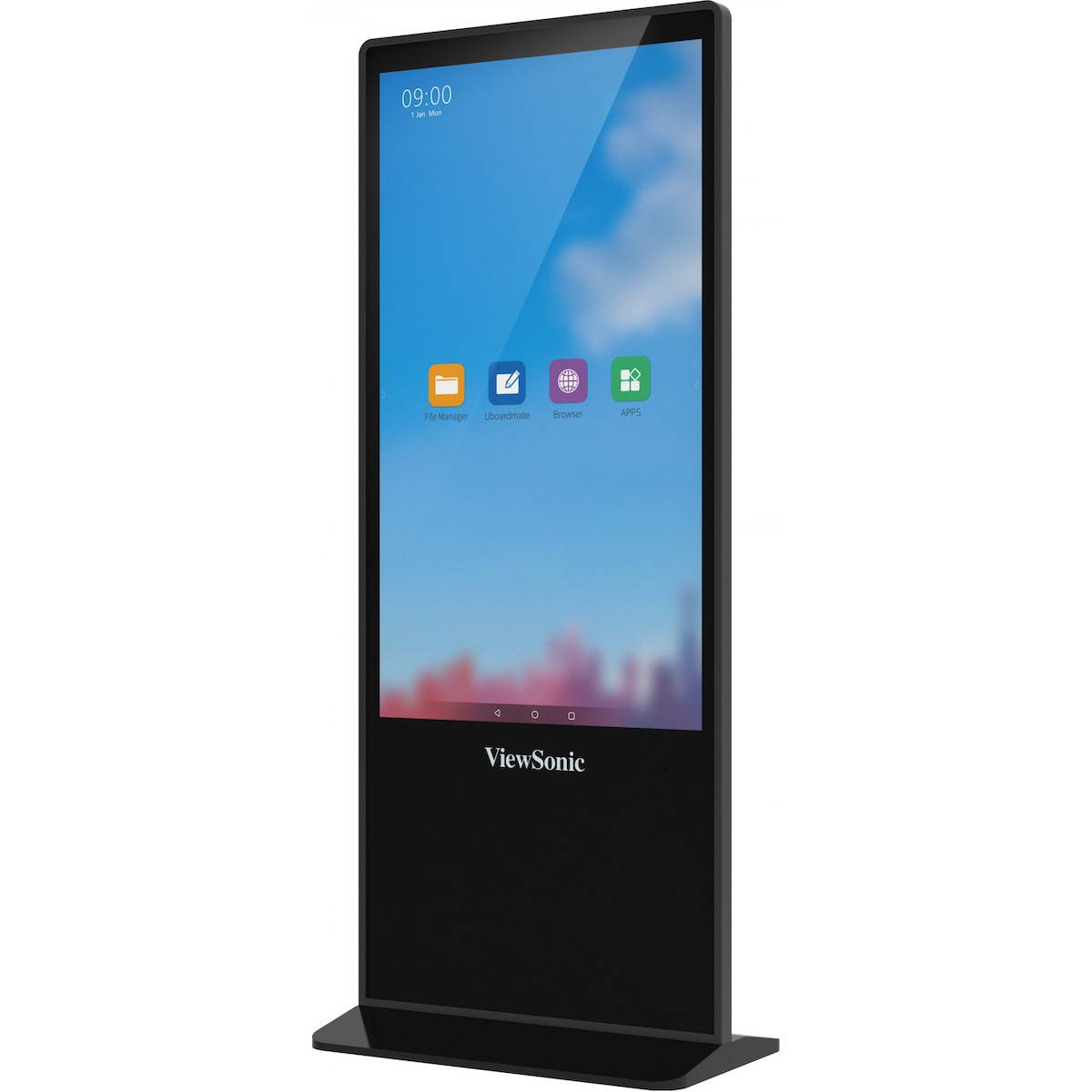 Ein hoher, schwarzer digitaler Kiosk mit einem blauen Himmel-Hintergrund und vier App-Symbolen unter einer Zeitanzeige von „09:00