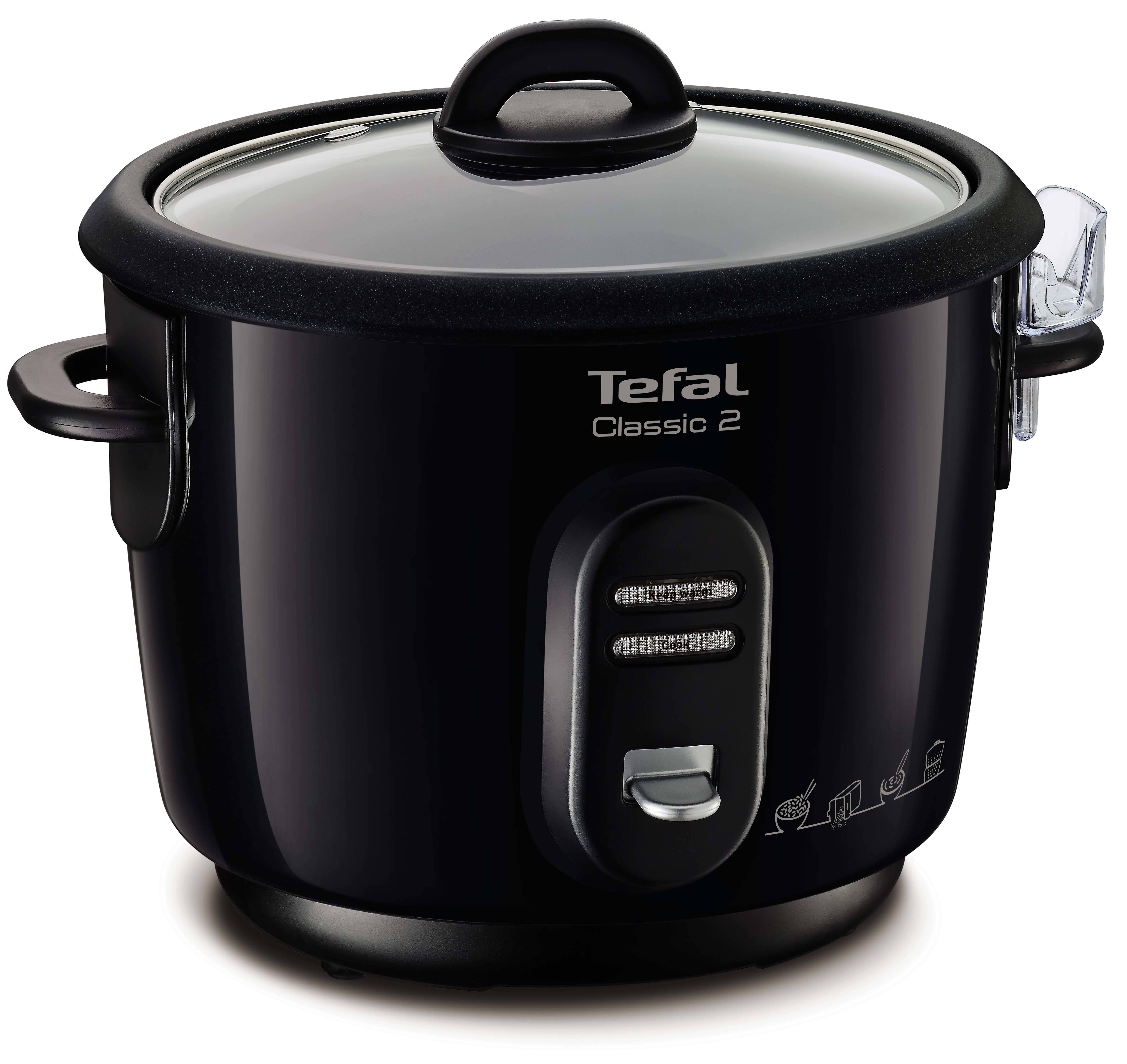 Schwarzer Tefal Classic 2 Reiskocher mit Deckel, Seitengriffen und vorderen Koch-/Warmhalte-Tasten auf weißem Hintergrund.