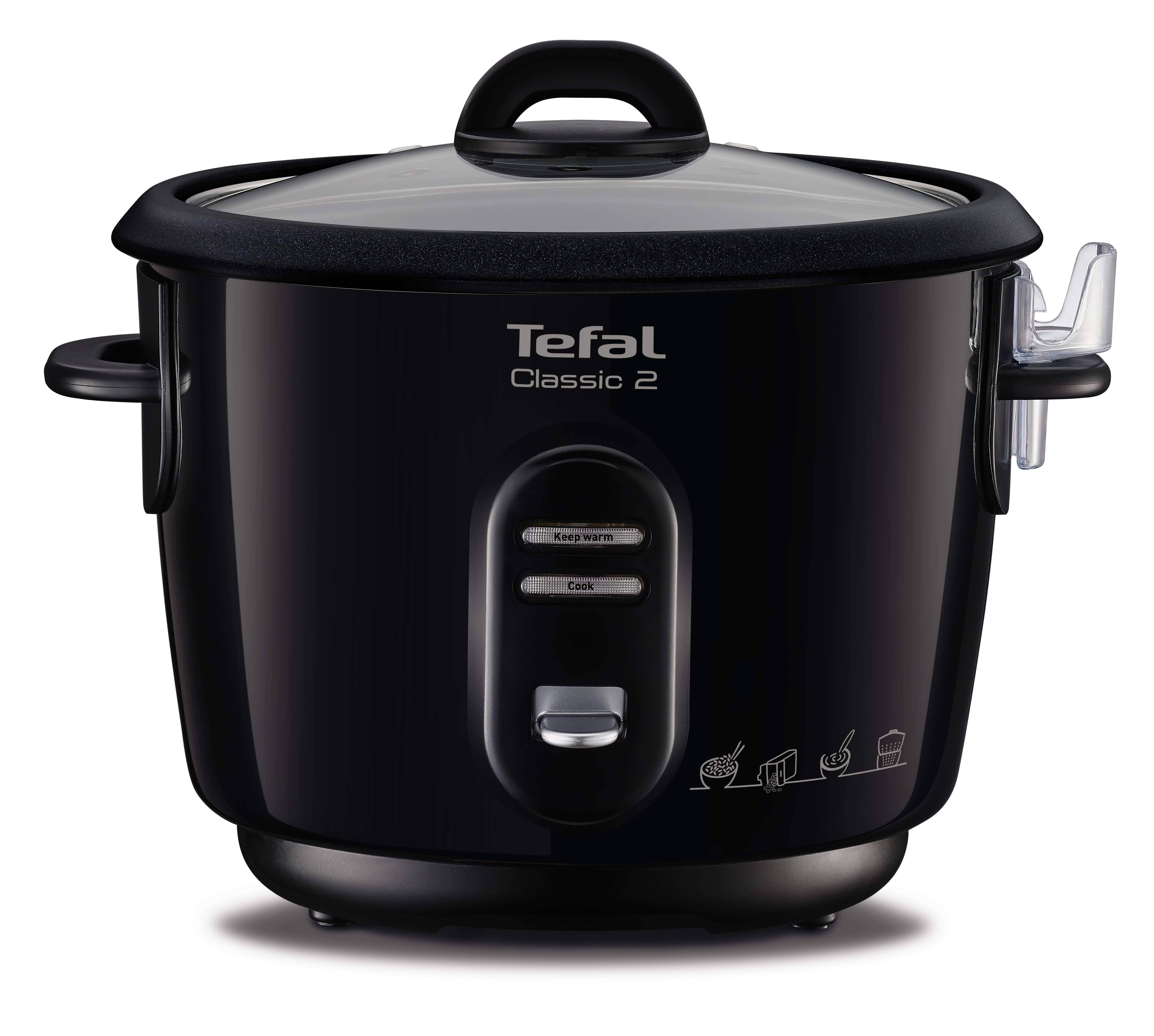Schwarzer Tefal Classic 2 Reiskocher mit Deckel, Seitengriffen und vorderen Tasten für Warmhalten und Kochen.