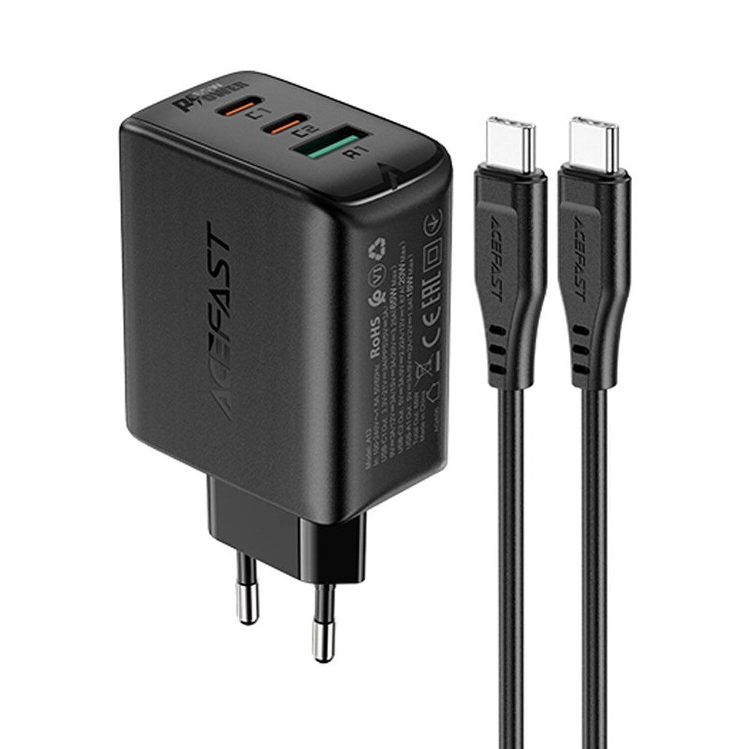 Acefast 2in1 65W Wandladegerät 2x PD USB-C (Typ-C) 1x USB QC 3.0 Anschluss Handy-Ladegerät Schnell-Ladegerät Schwarz