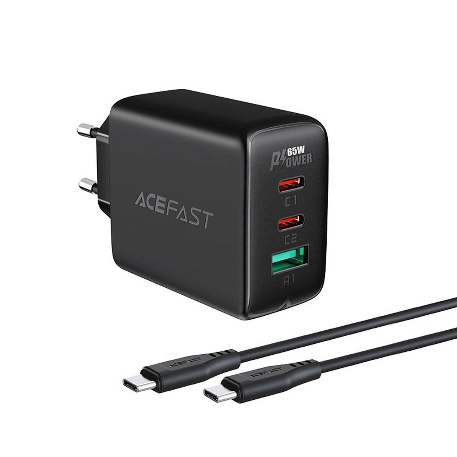 Acefast 2in1 65W Wandladegerät 2x PD USB-C (Typ-C) 1x USB QC 3.0 Anschluss Handy-Ladegerät Schnell-Ladegerät Schwarz