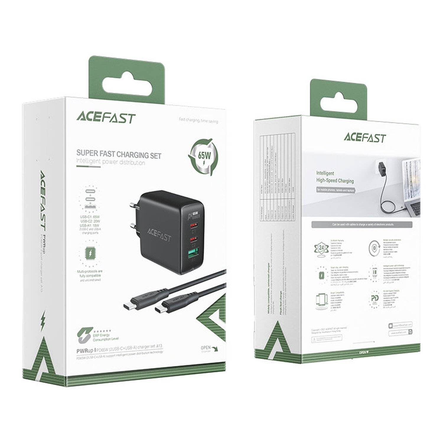 Acefast 2in1 65W Wandladegerät 2x PD USB-C (Typ-C) 1x USB QC 3.0 Anschluss Handy-Ladegerät Schnell-Ladegerät Schwarz