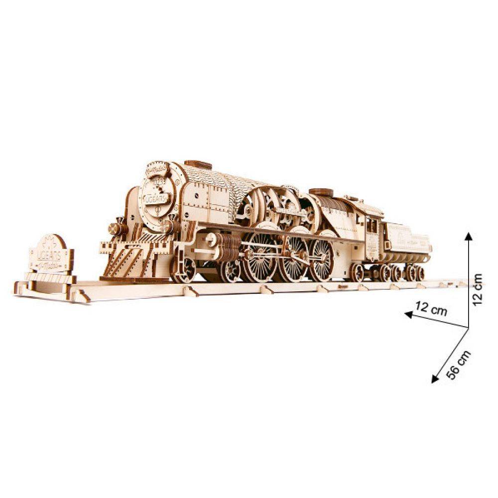 Ugears - Holz Modellbau V-Express Dampflokomotive Lok Bahnhof und Schienen 3er Set
