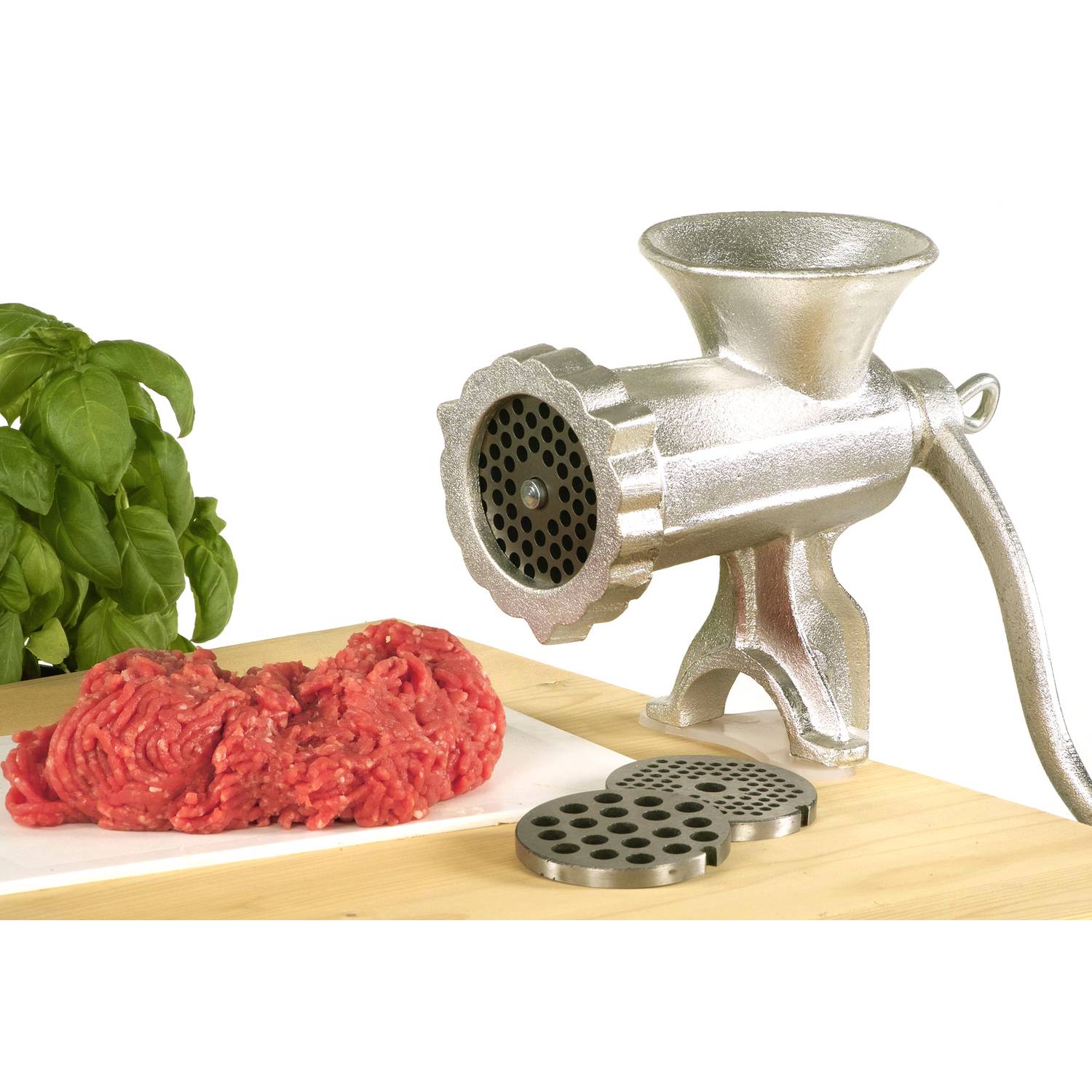 Krüger FW8 Fleischwolf-Set "Sirius" Größe 8 inklusive 3 Lochscheiben & Spritzgebäck-Vorsatz, silber, 5-teilig (1 Set)