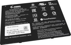 Produktetikett auf einem Zebra-Batteriepack mit Modell-, Serien-/Teilenummern, Konformitätskennzeichen und Sicherheitswarnungen in Englisch und Chinesisch.