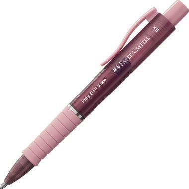 Rosa Faber-Castell Poly Ball View Kugelschreiber mit ausfahrbarem Clip und strukturiertem Griff auf weißem Hintergrund.