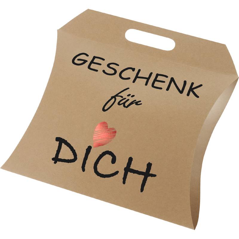 Eine braune Geschenkbox mit dem Text 'GESCHENK für DICH' und einem roten Herz, was auf Deutsch 'Geschenk für Dich' bedeutet.