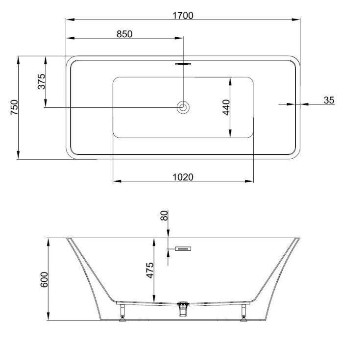Freistehende Badewanne Indiã - L.170 x B.75 x H.60 cm - Acryl - Ablaufgarnitur mit Druckknopf - Weiß - OCEANIC