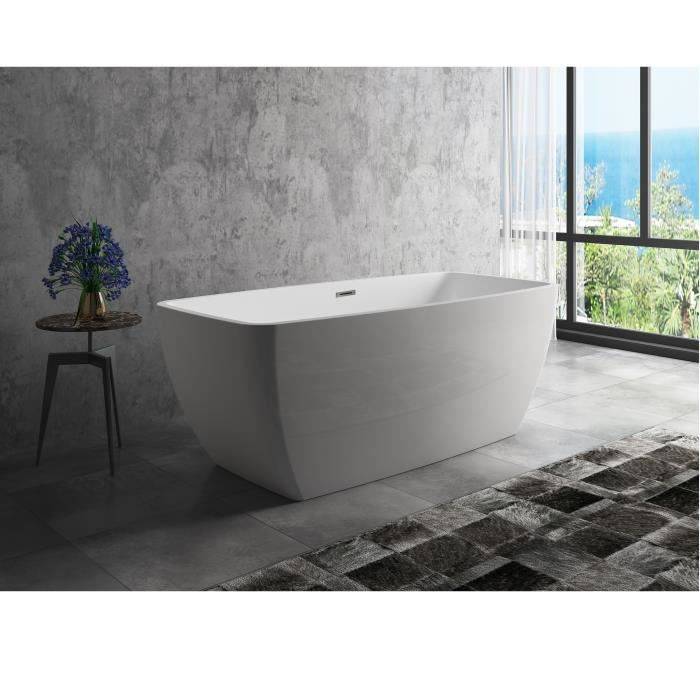 Freistehende Badewanne Stellã - L.160 x B.75 x H.60 cm - Acryl - Ablaufgarnitur mit Druckknopf - Weiß - OCEANIC