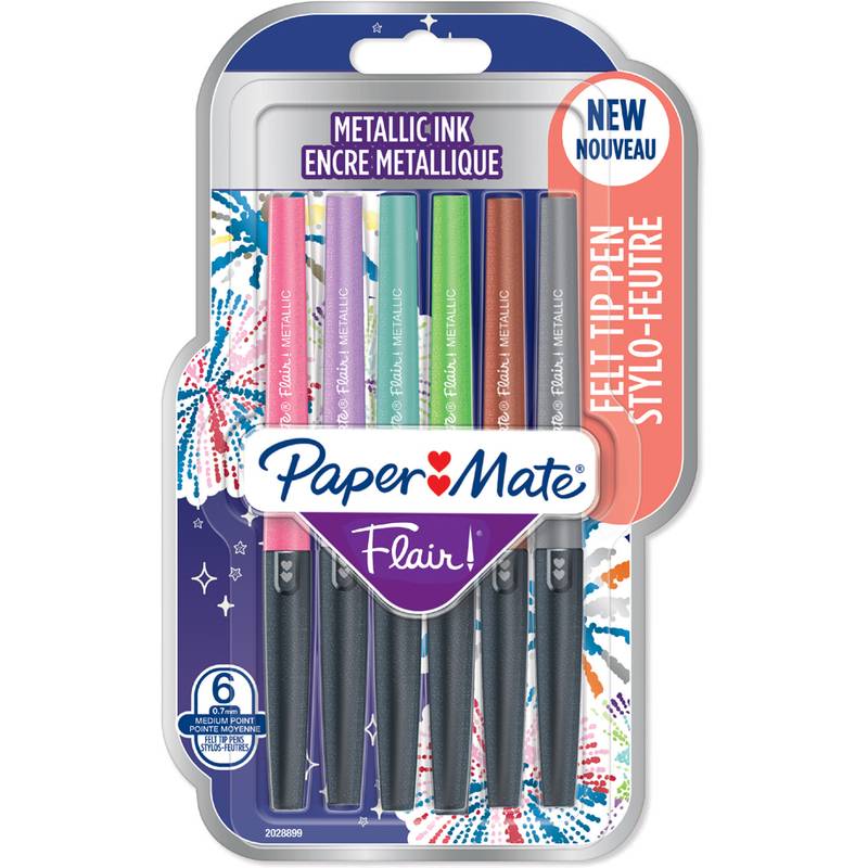 Packung mit sechs Paper Mate Flair Stiften mit metallischer Tinte, gekennzeichnet mit „NEU