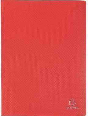 Rotes strukturiertes Notizbuch-Cover mit abgerundeten Ecken und kleinem geprägtem Logo rechts unten.