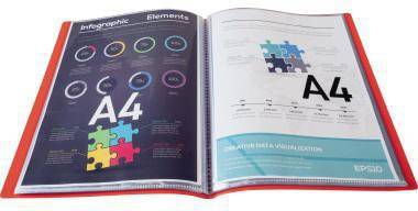 # Offene Broschüre mit einem A4-Infografik-Beispiel mit farbenfrohen Puzzleteil-Grafiken, Kreissymbolen und Textlayout-Beispielen auf zwei Seiten.