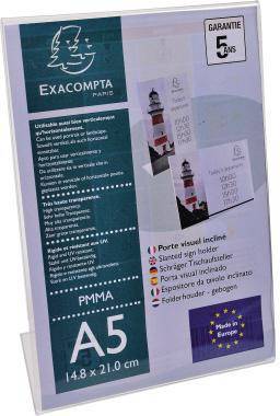 Packung mit Exacompta PMMA A5 Schildhaltern, 5 Stück, mit sichtbaren Leuchttürm-Mustereinsätzen und dem Label „garantie 5 ans