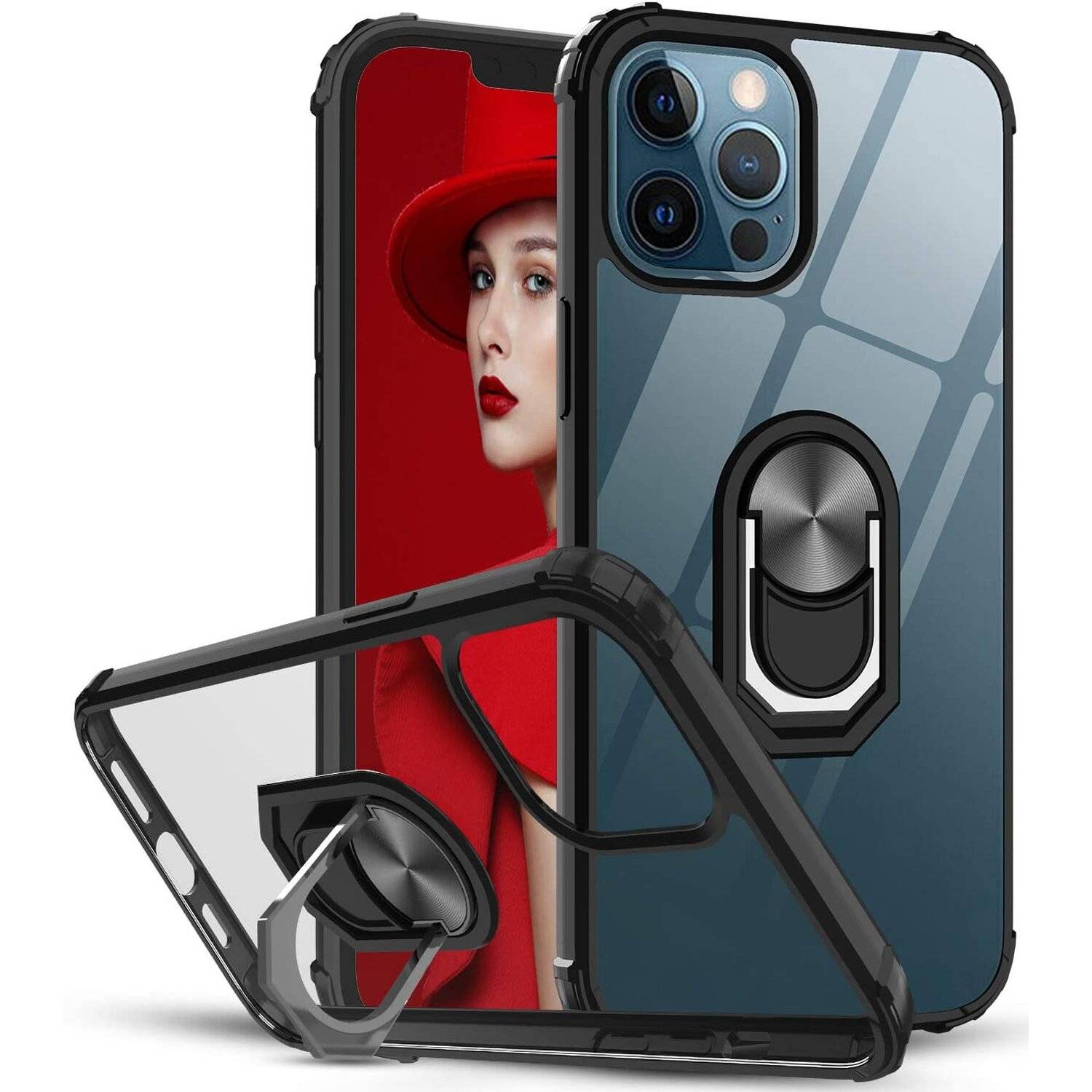 360 Grad Ringhalter Handytasche Abdeckung magnetische Stoßstange Schutzhülle für iPhone 13 Pro Max Schwarz