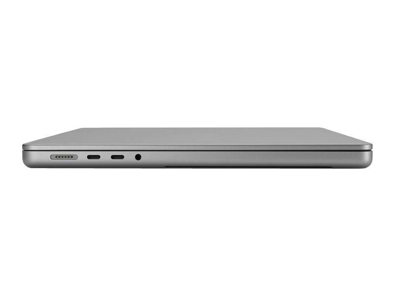 Geschlossener silberner Laptop in Seitenansicht, der sein schlankes Profil und die Anschlüsse auf der linken Seite vor weißem Hintergrund hervorhebt.