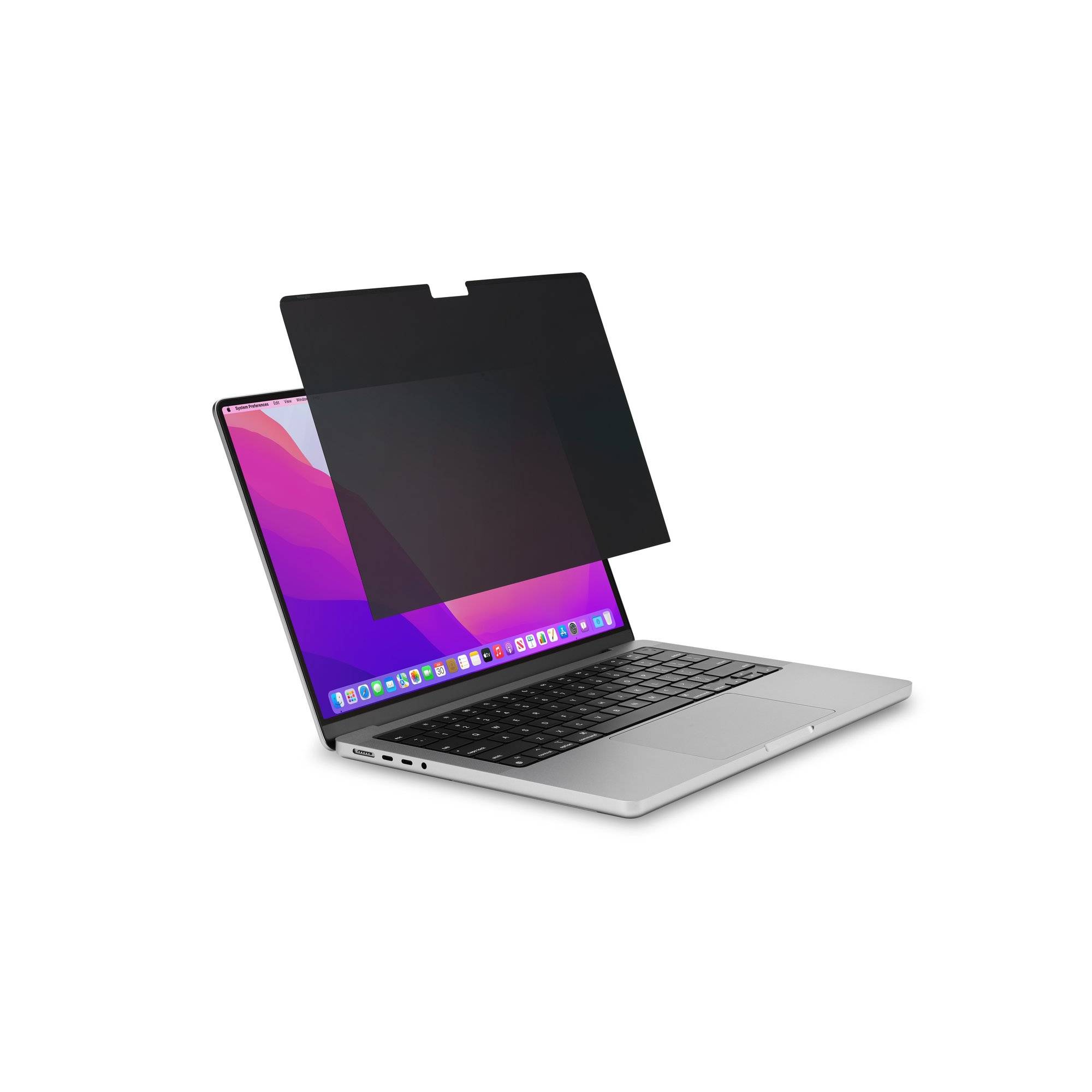 Silber-Laptop mit angebrachtem Displayschutzfilter, der ein gedimmtes Display auf weißem Hintergrund zeigt.