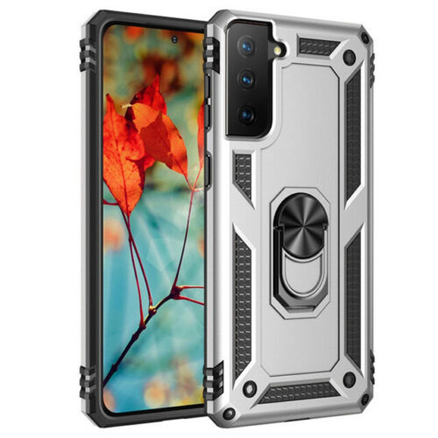 Slim Case mit 360 Grad Ring Ständer Kickstand Handyhülle Magnetische Autohalterung für iPhone 13 Mini Silber