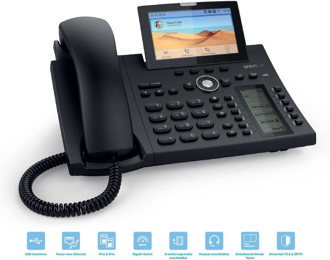 Schwarzes Bürotischtelefon mit Handset, Tastatur, Touchscreen und Seitentasten; Funktionssymbole darunter zeigen USB-, Ethernet-, VoIP-, Headset- und Sicherheitsfunktionen an.