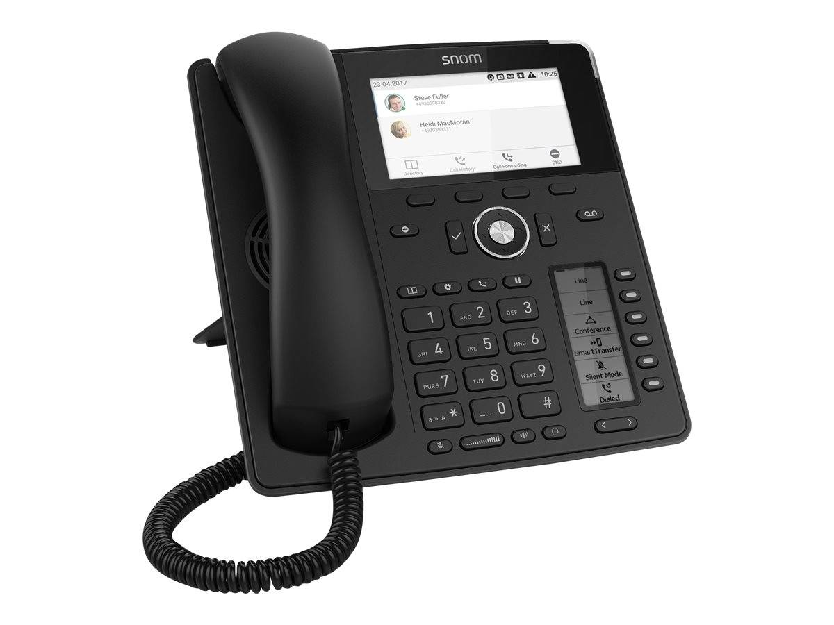 Schwarzes Schreibtischtelefon mit Hörer, Tastenfeld und Touchscreen-Display auf einem Ständer, auf weißem Hintergrund dargestellt.