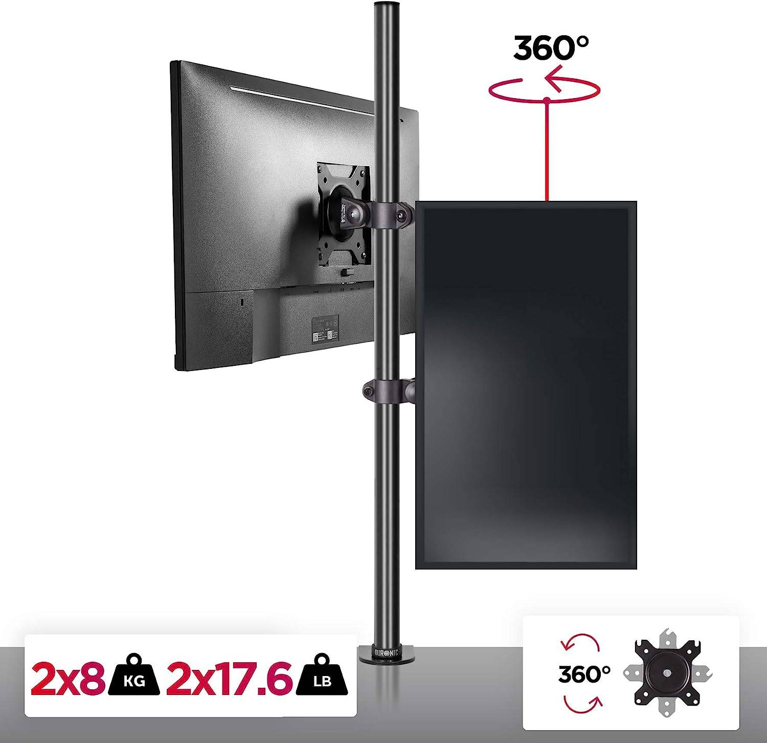 Duronic DM15V2 Monitorhalterung für zwei 32" - 8kg Kapazität - Verstellbar in Höhe, Neigung und Drehung - VESA 75/100