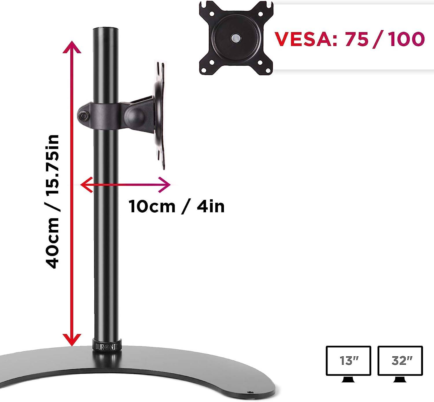 Duronic DM15D1 Monitorfuß für 32 Zoll - 8kg Kapazität - Verstellbar in Höhe, Neigung und Drehung - VESA 75/100