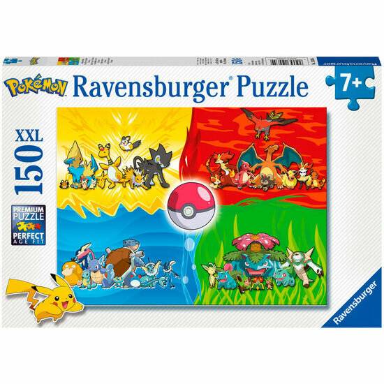 Ravensburger Pokémon-Puzzlebox für ab 7 Jahren, 150 XXL-Teile, zeigt Pikachu und mehrere Pokémon in vier farbigen Szenen rund um einen Pokéball.