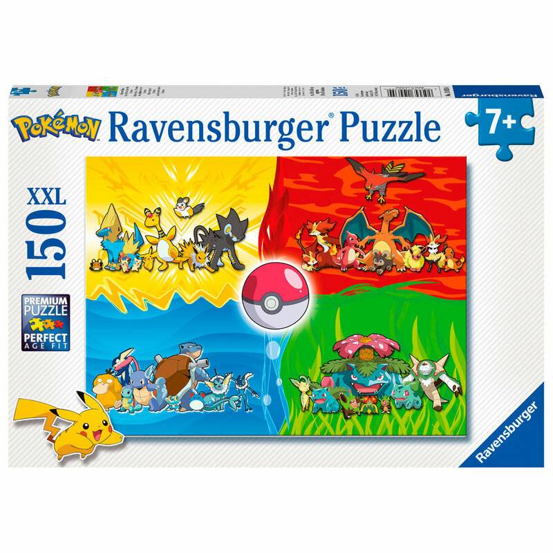 Pokémon Ravensburger Puzzlebox, 150 XXL Teile, ab 7 Jahren, mit bunten Pokémon-Figuren, die um einen Pokéball gruppiert sind.