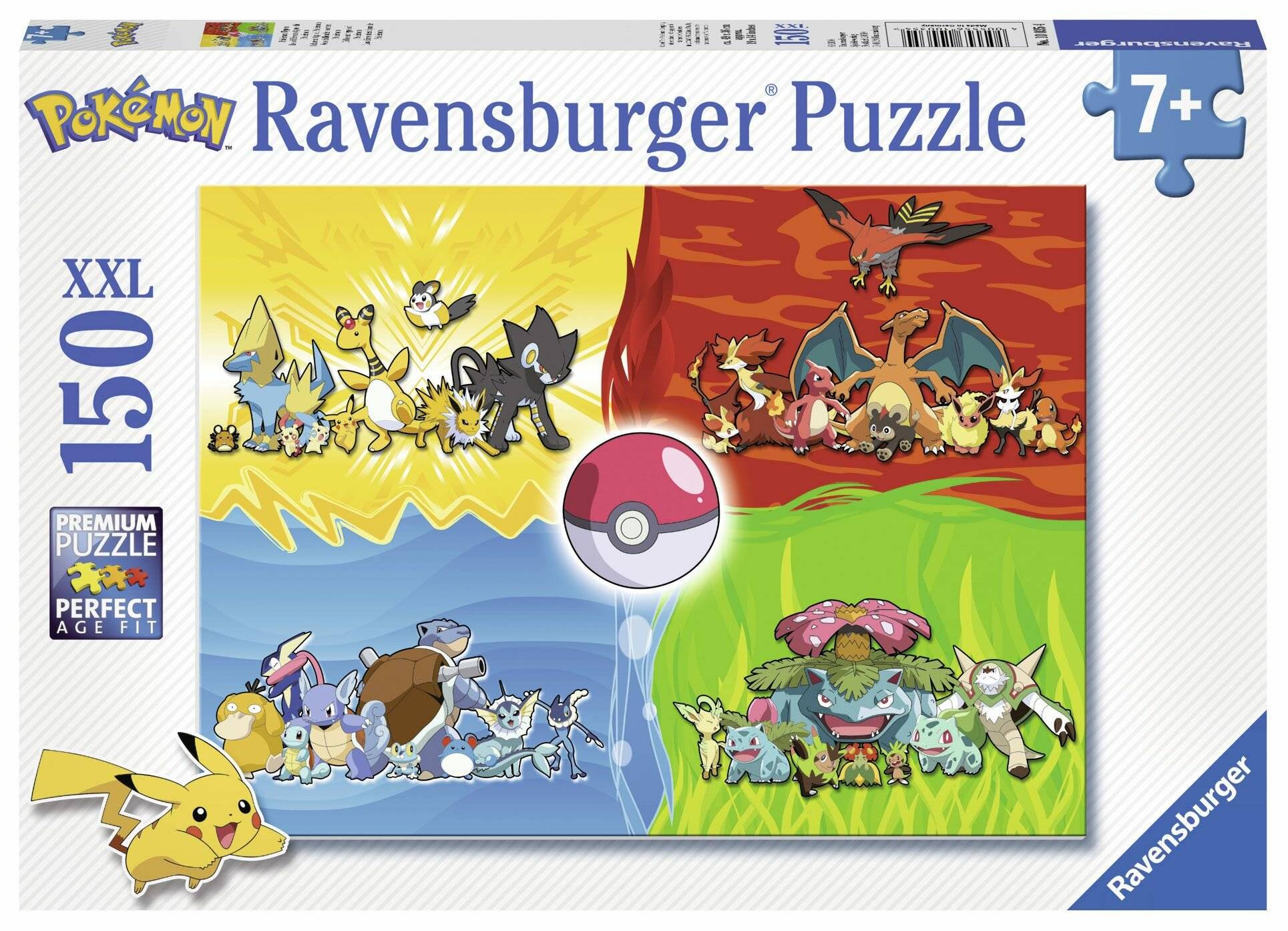 Pokémon Ravensburger Puzzle für Alter 7+, 150 XXL Teile, mit Pikachu und mehreren Pokémon in vier farbigen Szenen um einen Poké Ball.