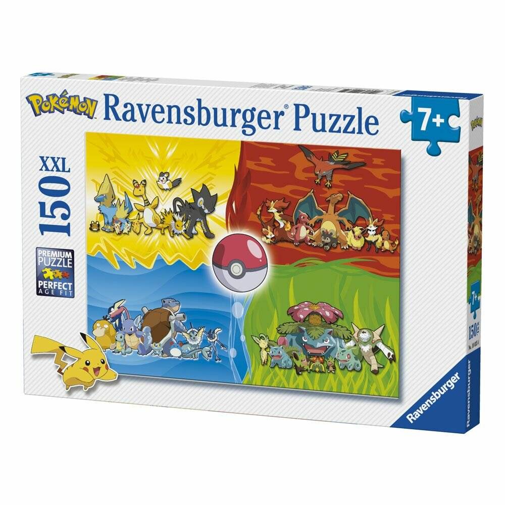 Ravensburger Pokémon Puzzle in einer Box, 150 XXL Teile, ab 7 Jahren, mit vier farbigen Szenen mit Pokémon und einem Pokéball in der Mitte.