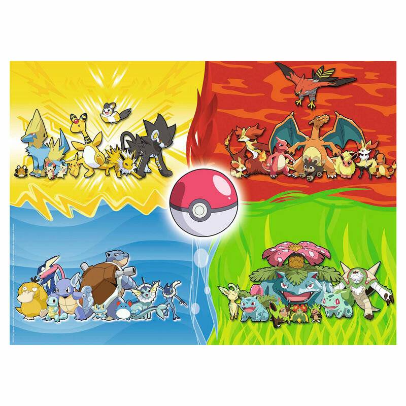 Pokéball in der Mitte über vier Pokémon-Gruppen in gelben, roten, blauen und grünen Feldern mit Elektro-, Feuer-, Wasser- und Pflanzen-Pokémon aus verschiedenen Generationen.