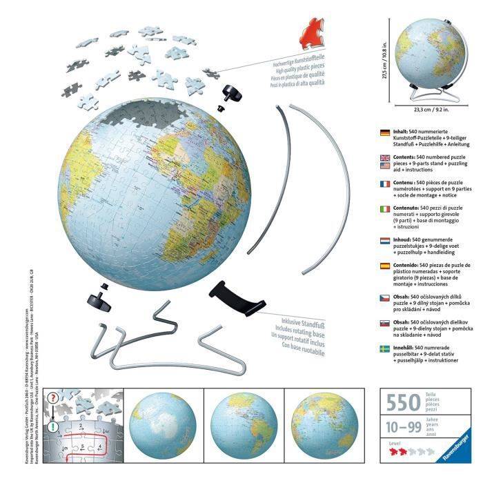 3D Puzzle 540 Teile: Einfarbiger Globus Einzigartig