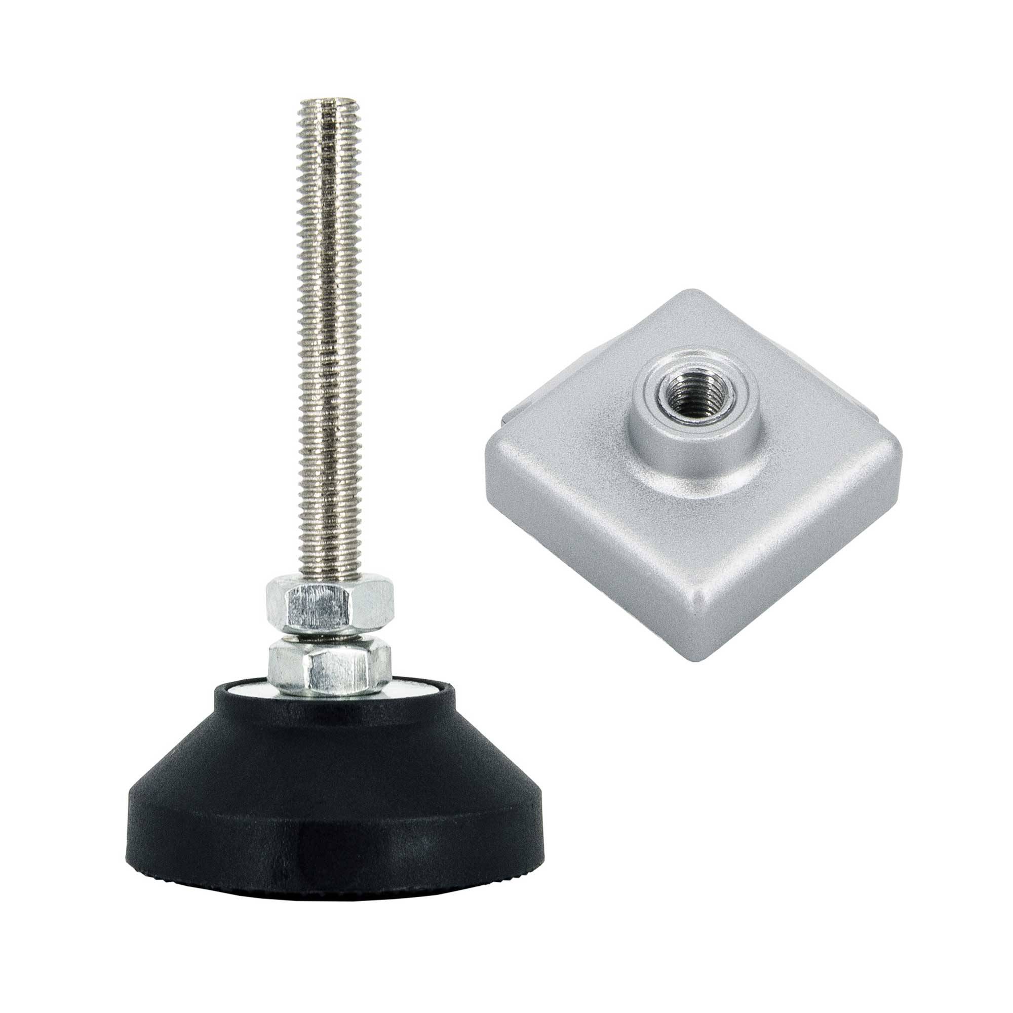 Verstellbarer Nivellierfuß mit Gewindestift und schwarzer Gummibasis, zusammen mit einer quadratischen Metallmutter. Ideal zur Stabilisierung von Ausrüstung.