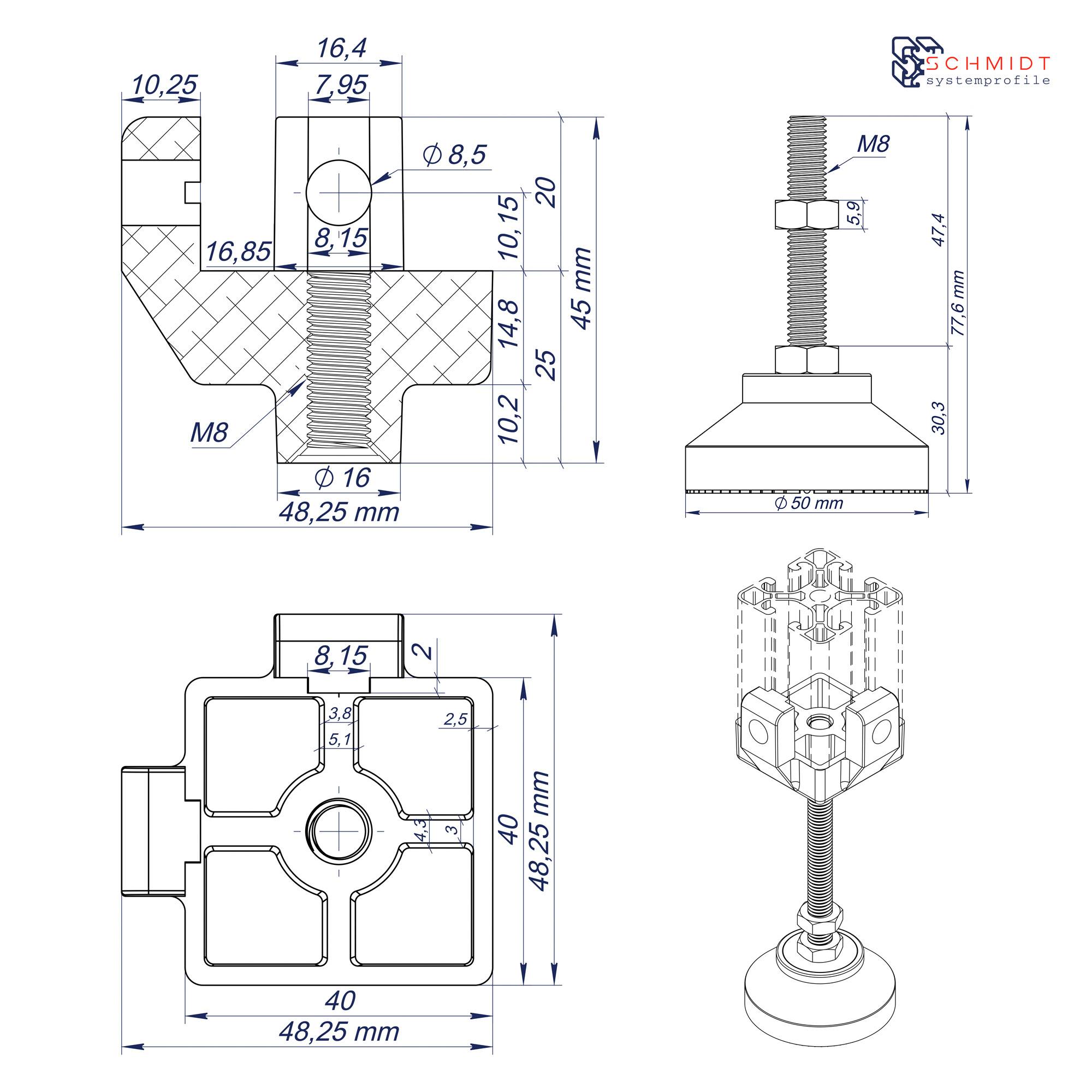 SCHMIDT systemprofile 4x Fußverbinder 40x40mm Nut 8 Stellfuß M8 höhenverstellbar Nivellierfuß Standfuß Aluprofil-Zubehör
