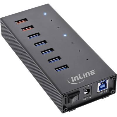 InLine® USB 3.0 Hub, 7 Port, Aluminiumgehäuse, schwarz, mit 2,5A Netzteil Eingabe / Ausgabe und
