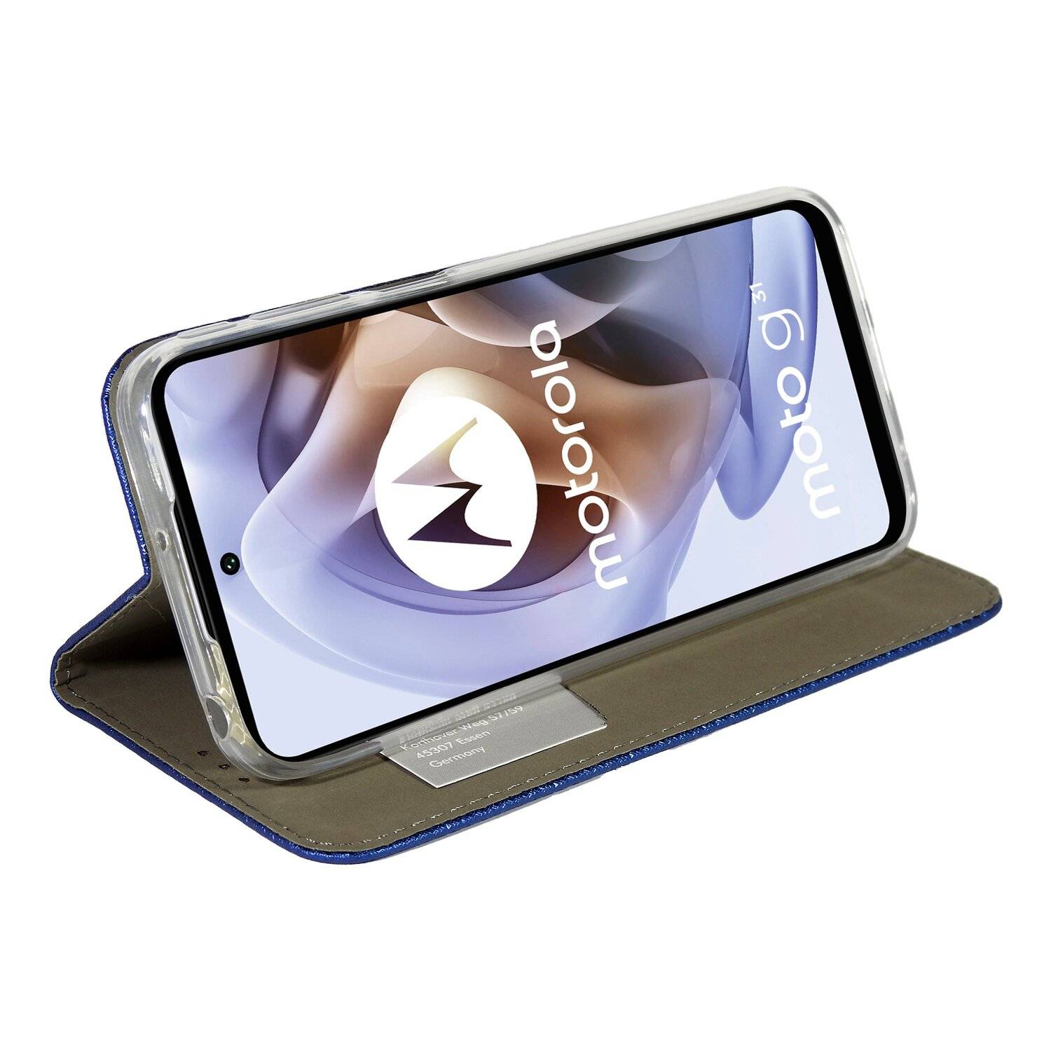Elegante Buch-Tasche Hülle Smart Magnet für MOTOROLA MOTO G31 Leder Optik Wallet Book-Style Cover Schale in Blau
