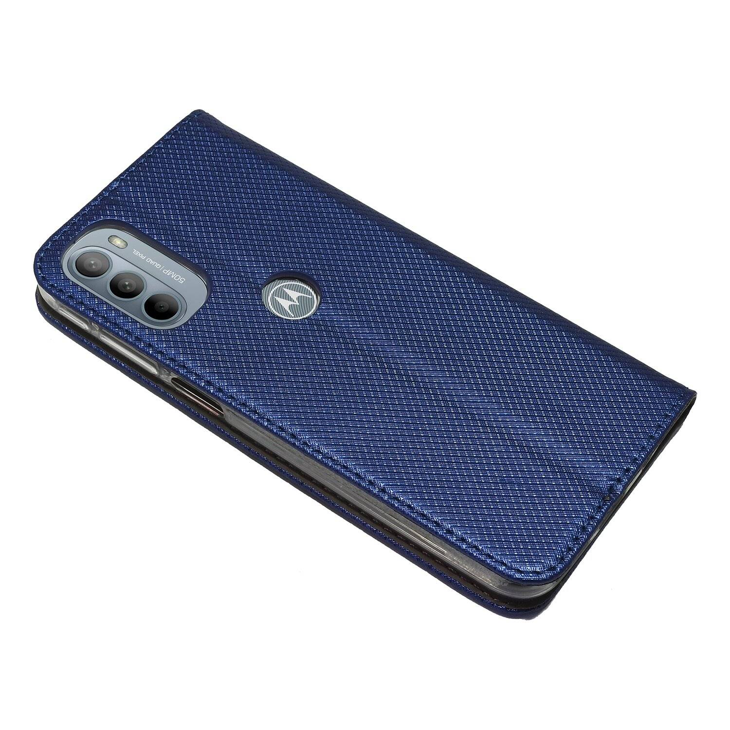 Elegante Buch-Tasche Hülle Smart Magnet für MOTOROLA MOTO G31 Leder Optik Wallet Book-Style Cover Schale in Blau
