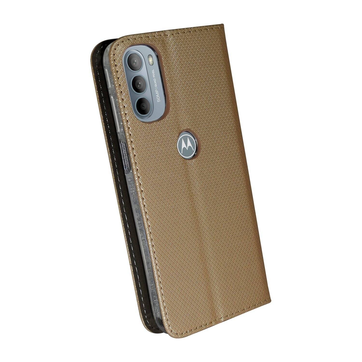 Elegante Buch-Tasche Hülle Smart Magnet für MOTOROLA MOTO G31 Leder Optik Wallet Book-Style Cover Schale in Gold