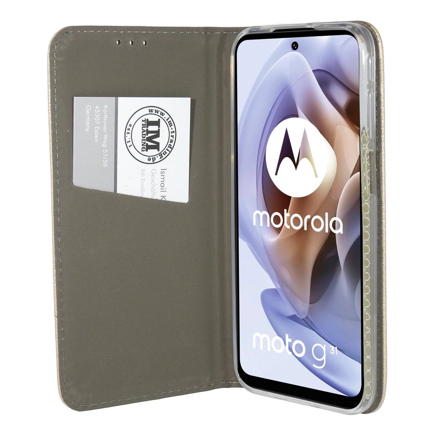 Elegante Buch-Tasche Hülle Smart Magnet für MOTOROLA MOTO G31 Leder Optik Wallet Book-Style Cover Schale in Gold